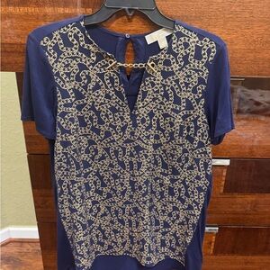 Michael Kors Navy Chain-Print Short Sleeve Top with Gold Accent